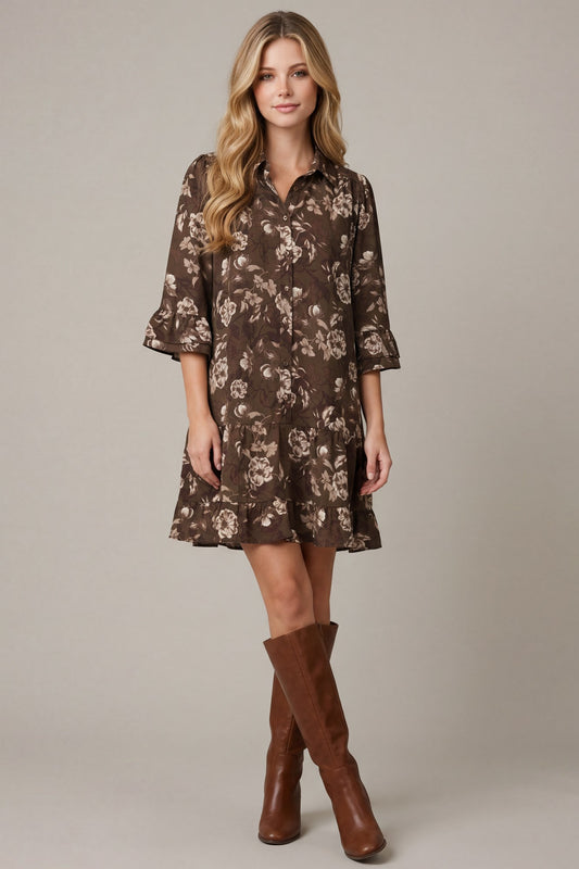 3/4 sleeve button down ruffle hem floral print woven mini dress with pockets