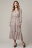 Long sleeve waist smocking tiered chiffon plaid print midi dress