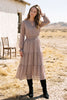 Long sleeve waist smocking tiered chiffon plaid print midi dress