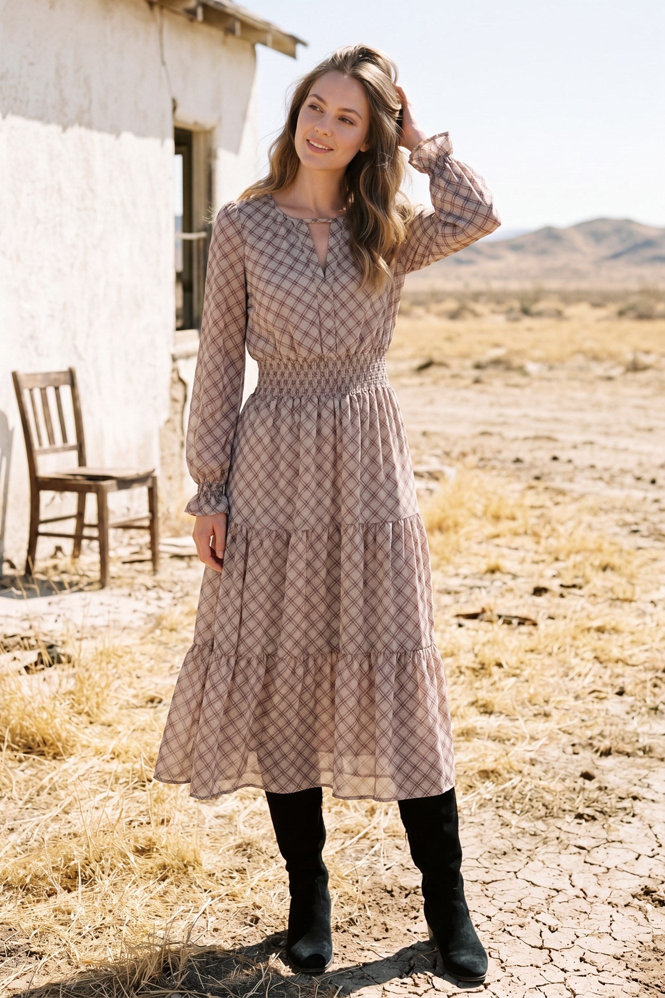 Long sleeve waist smocking tiered chiffon plaid print midi dress
