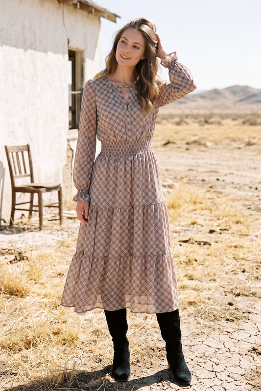 Long sleeve waist smocking tiered chiffon plaid print midi dress