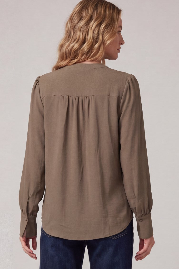 Long sleeve split-neck woven top