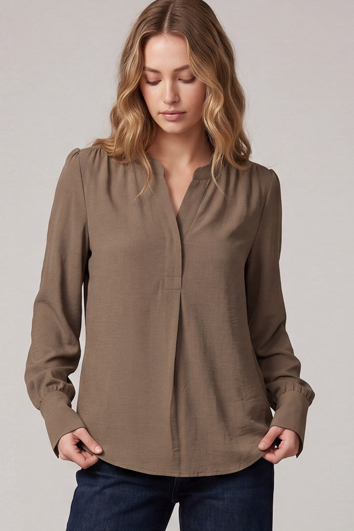 Long sleeve split-neck woven top