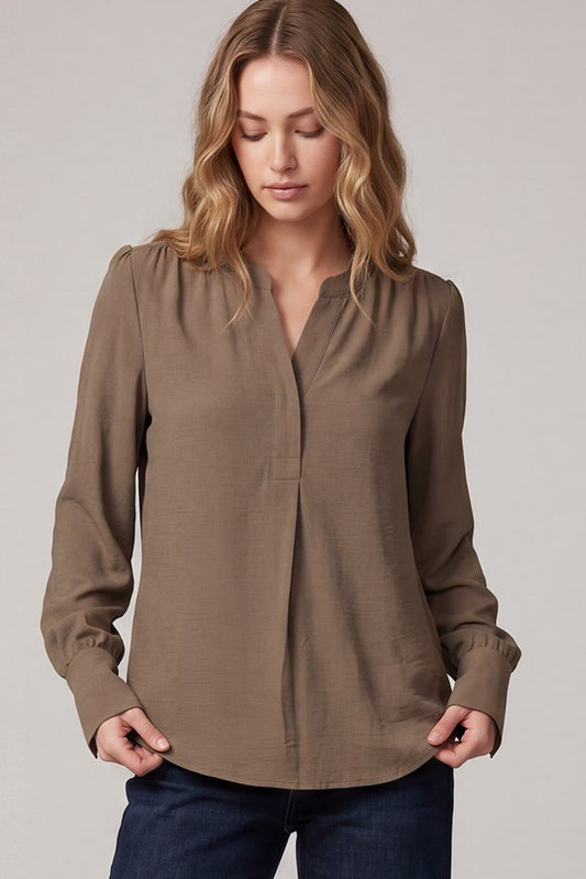 Long sleeve split-neck woven top