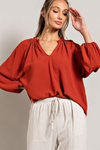 Blouse top with 3/4 puff sleeves and ruffled collar