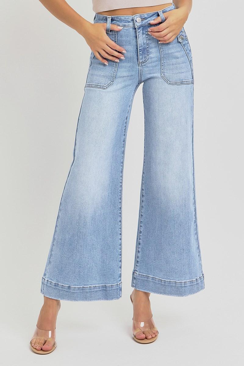 Risen high-rise ankle wide leg patch front pocket jeans