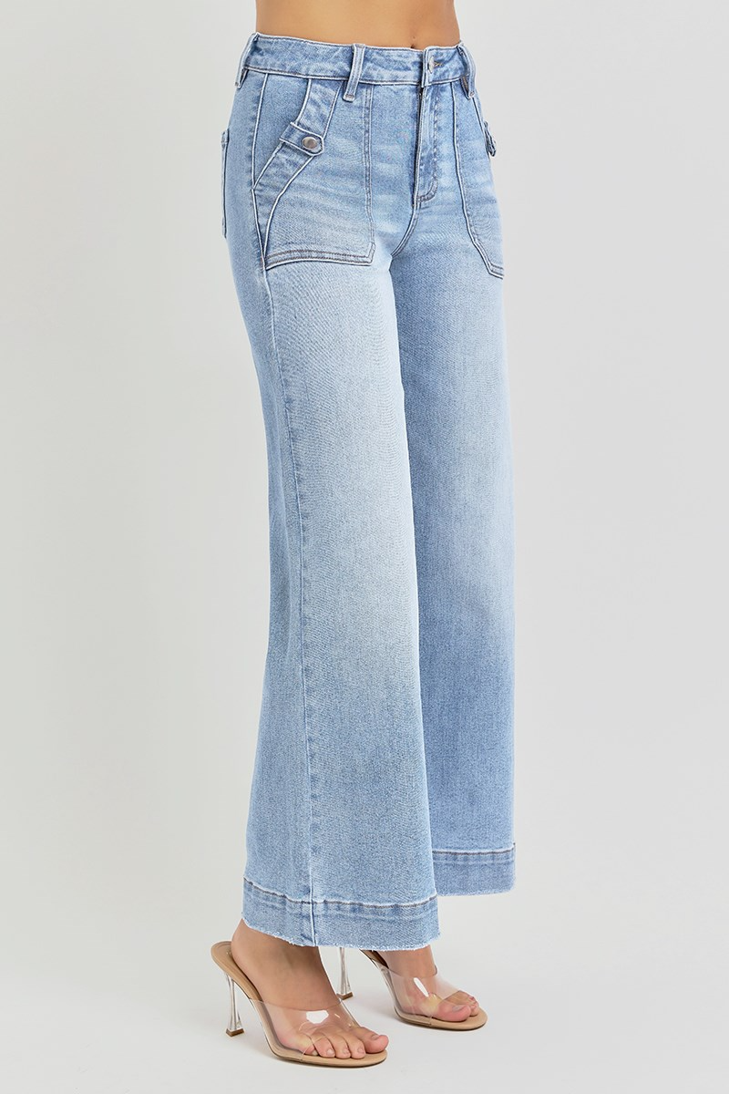 Risen high-rise ankle wide leg patch front pocket jeans