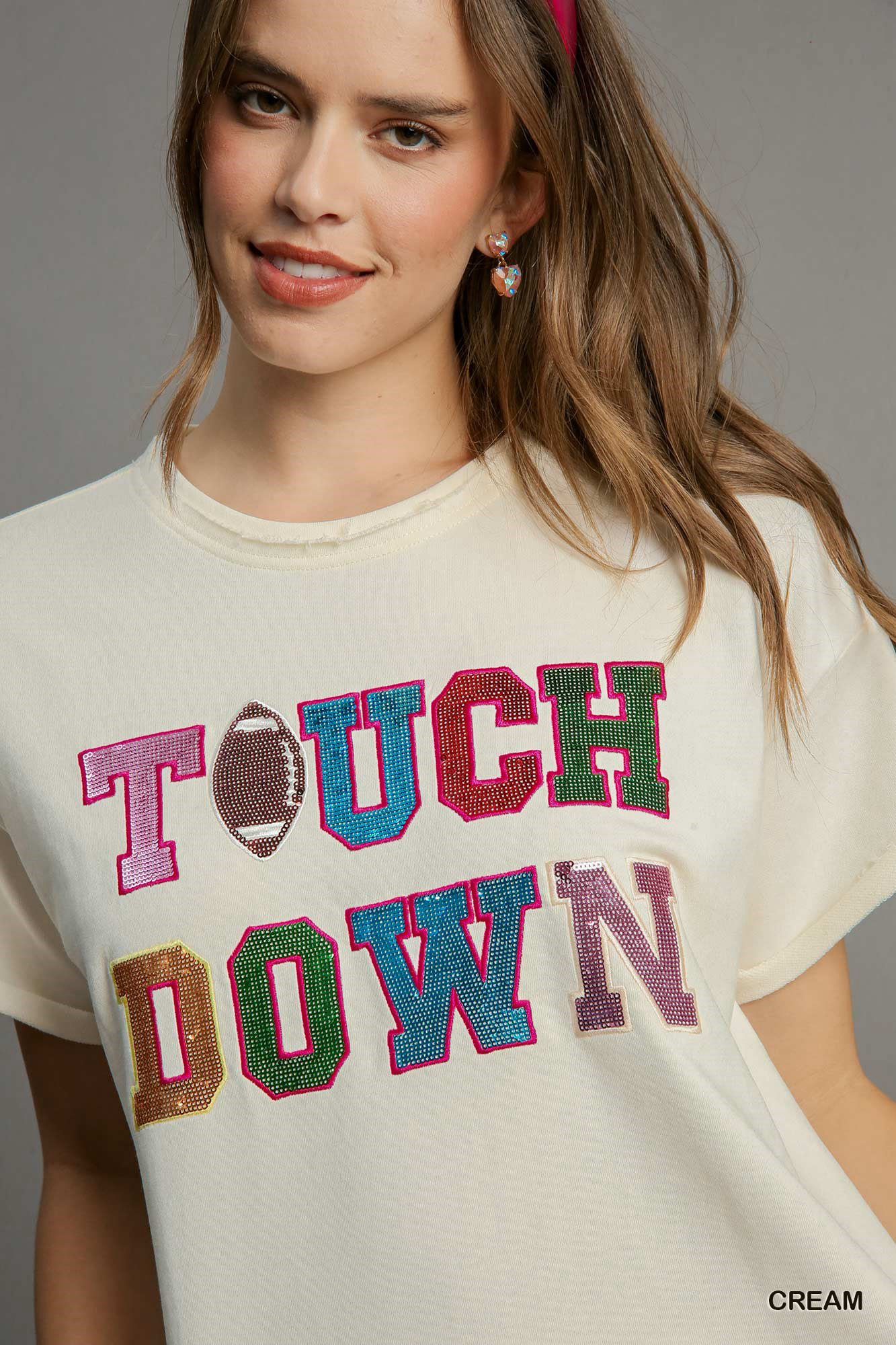 Touchdown no-lining sequins patch french terry round neck top Blouse Umgee   