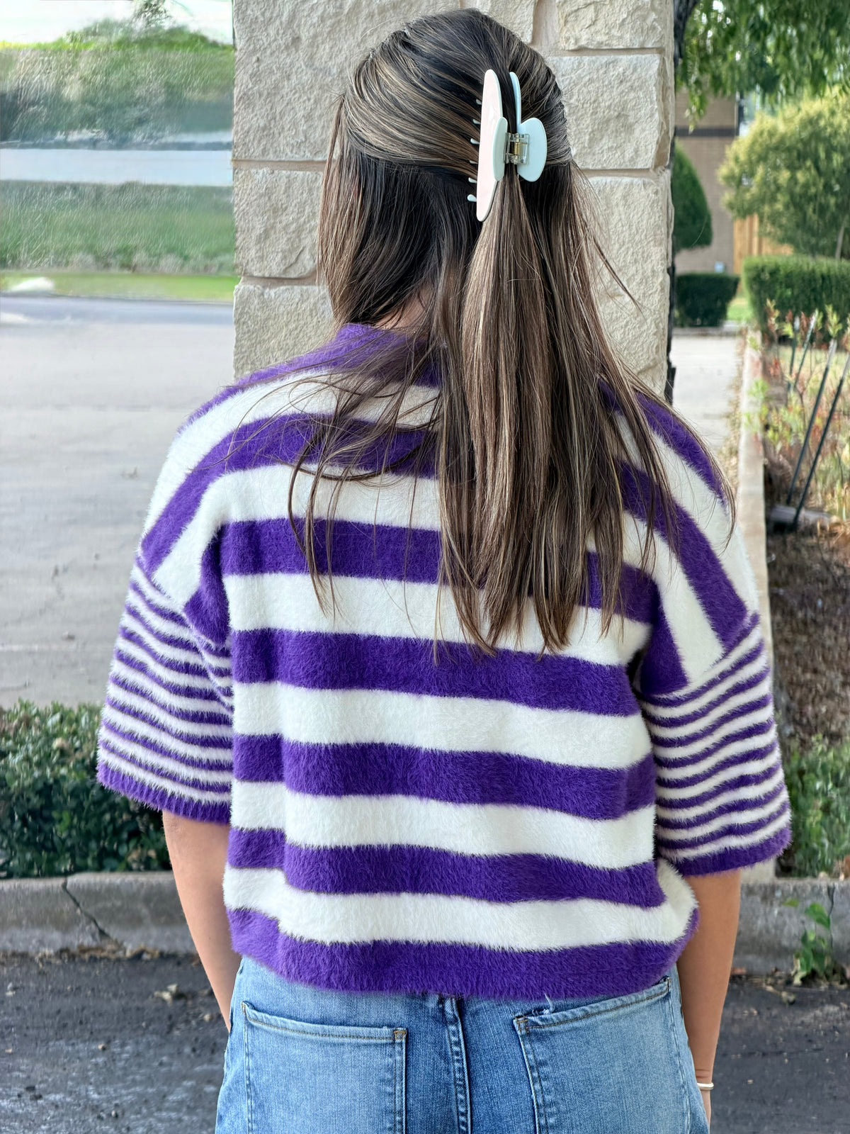 Striped fuzzy short sleeve cardigan top
