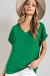 Basic V-Neck Top with cuffed short sleeves Blouse EE:Some Small Kelly Green 
