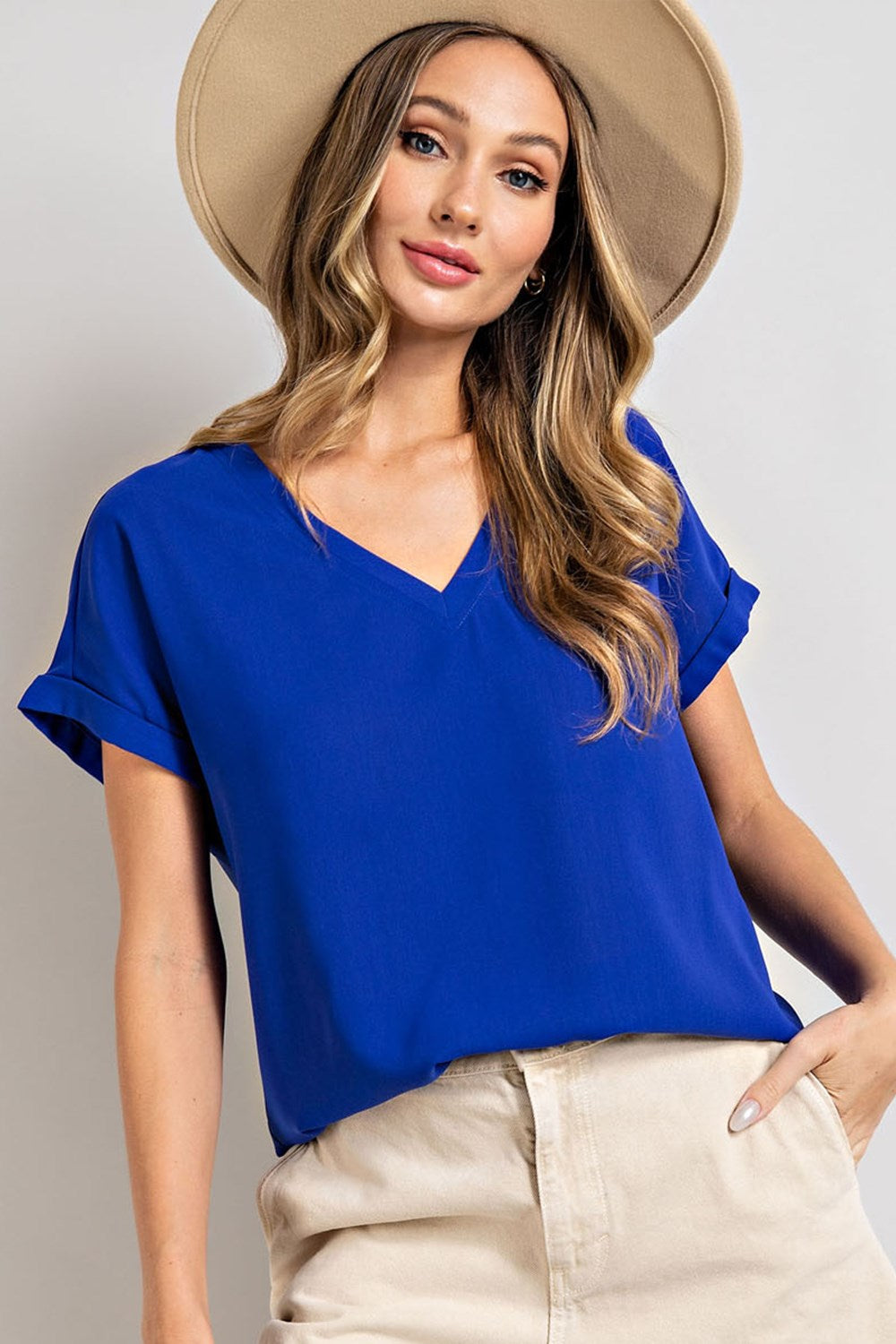 Basic V-Neck Top with cuffed short sleeves Blouse EE:Some Small Royal Blue 