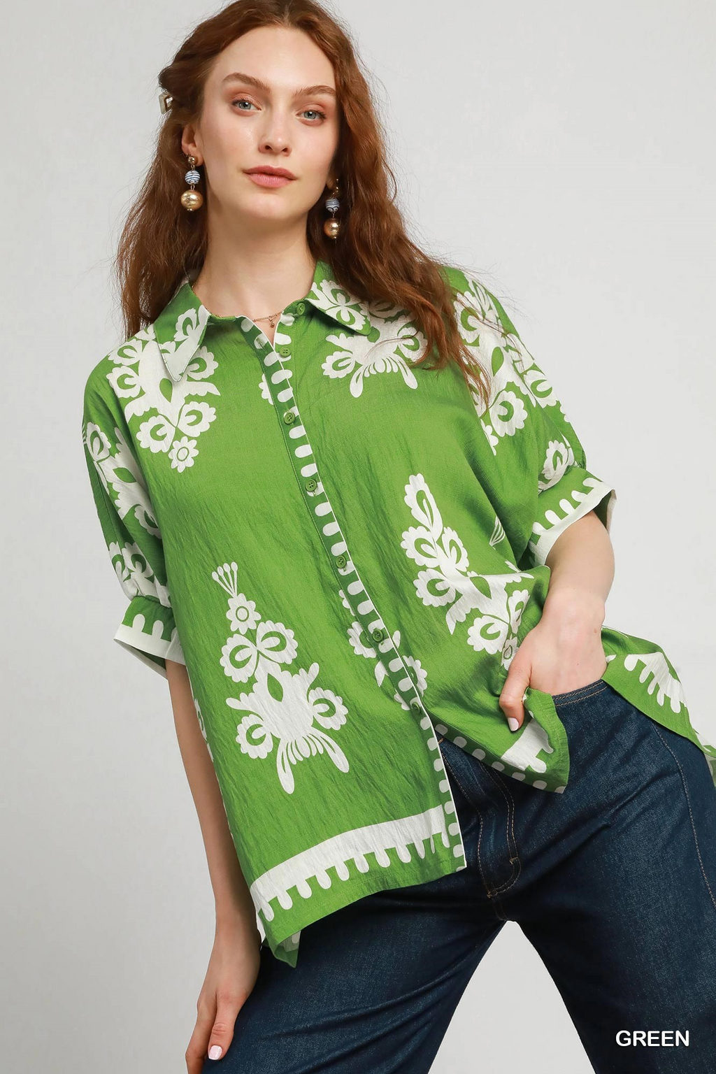 No lining abstract print oversized button down top