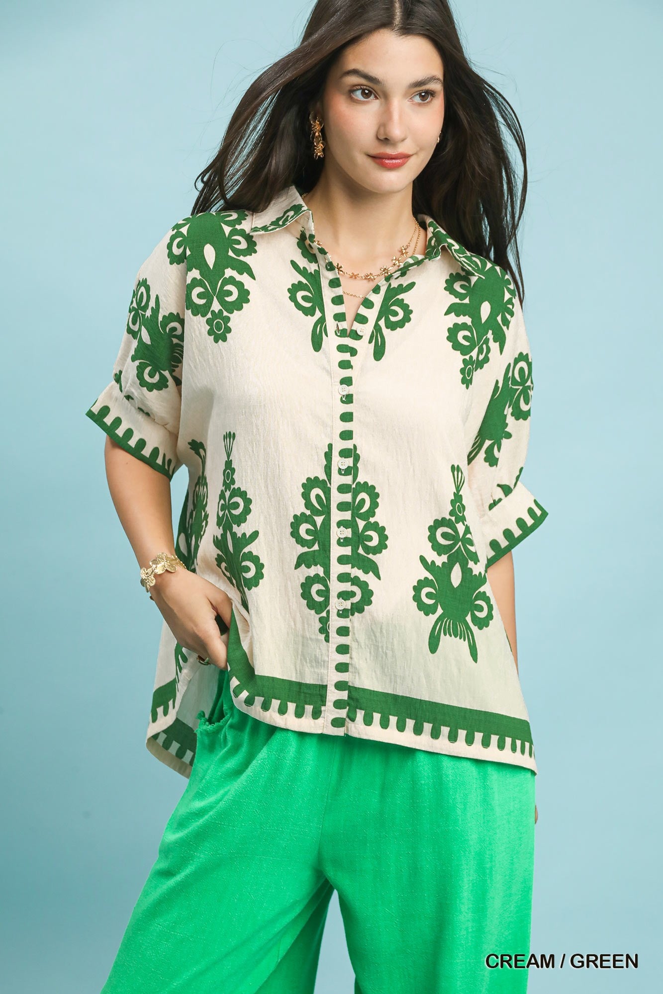 No lining abstract print oversized button down top