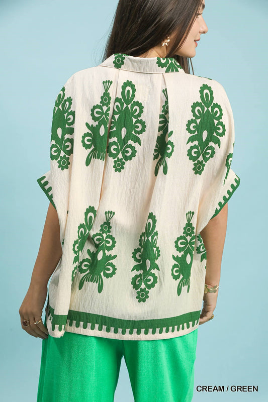 No lining abstract print oversized button down top