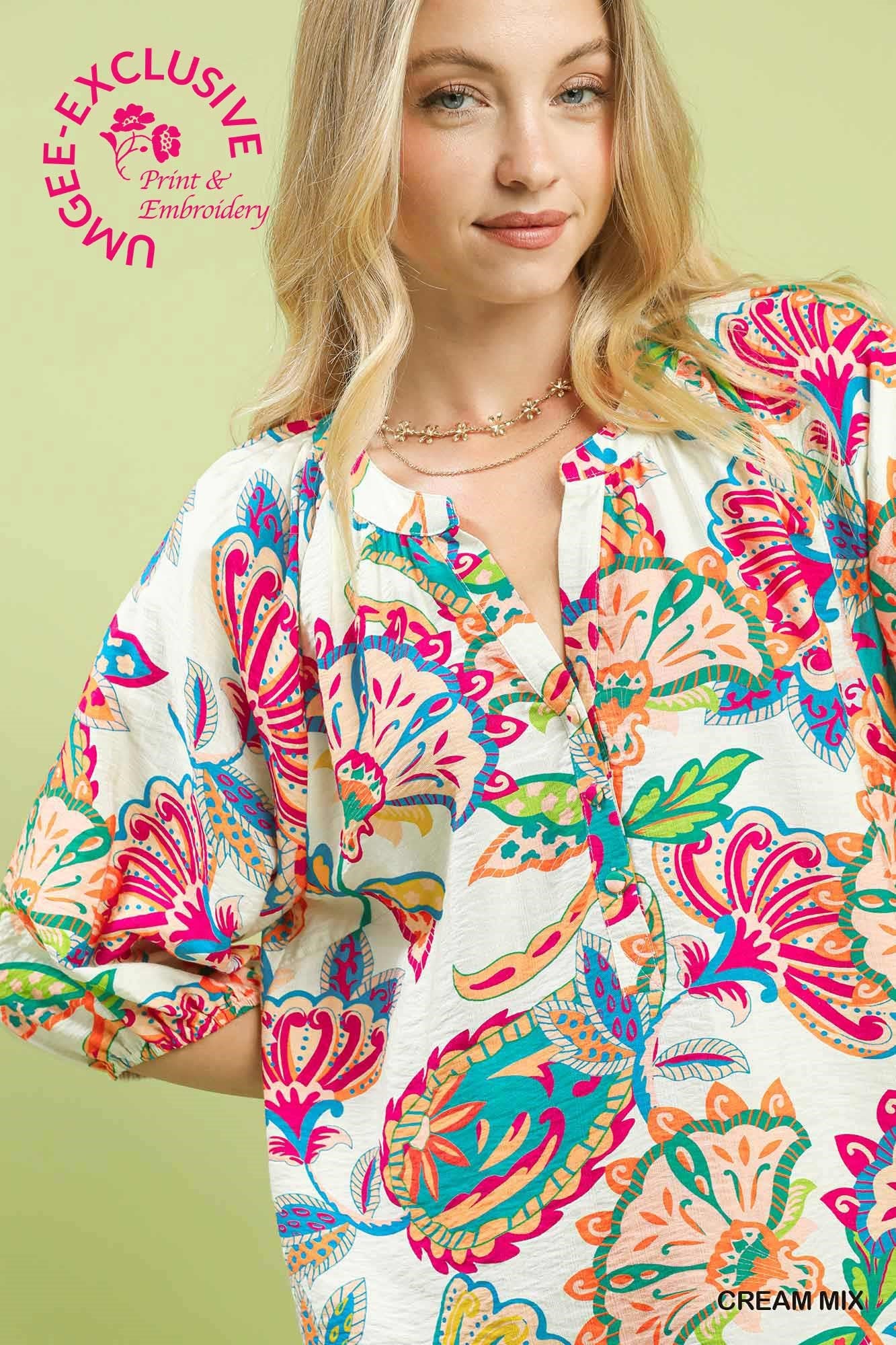 Paisley print half button down top