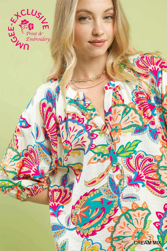 Paisley print half button down top