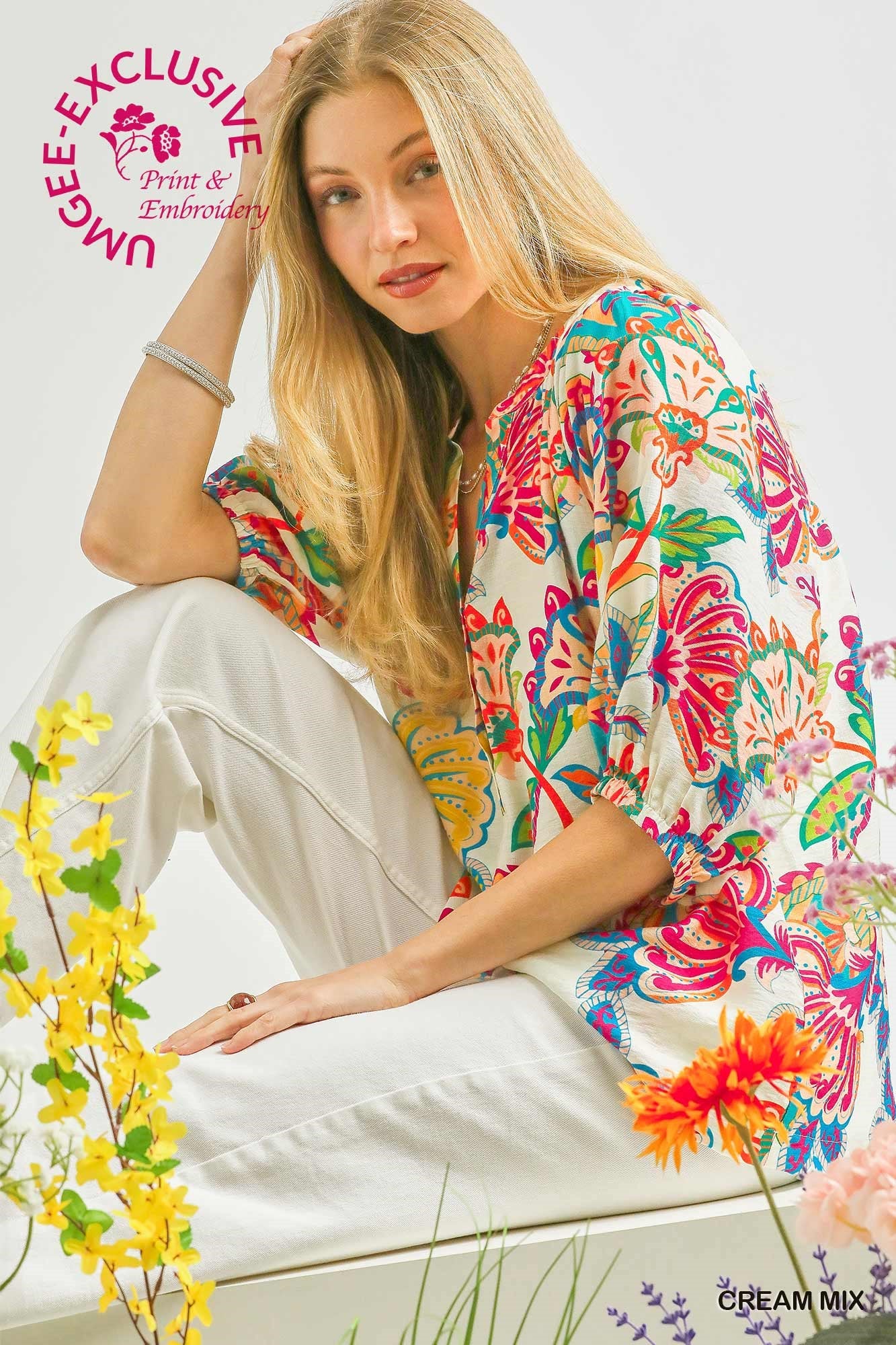 Paisley print half button down top