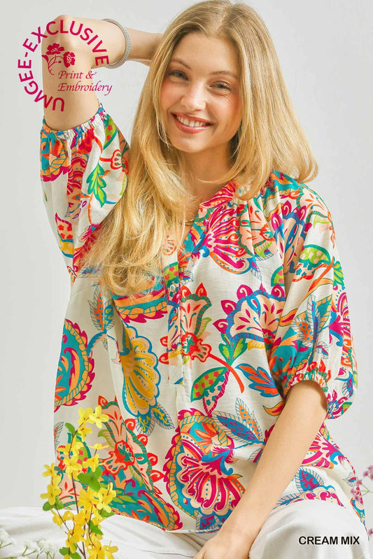 Paisley print half button down top