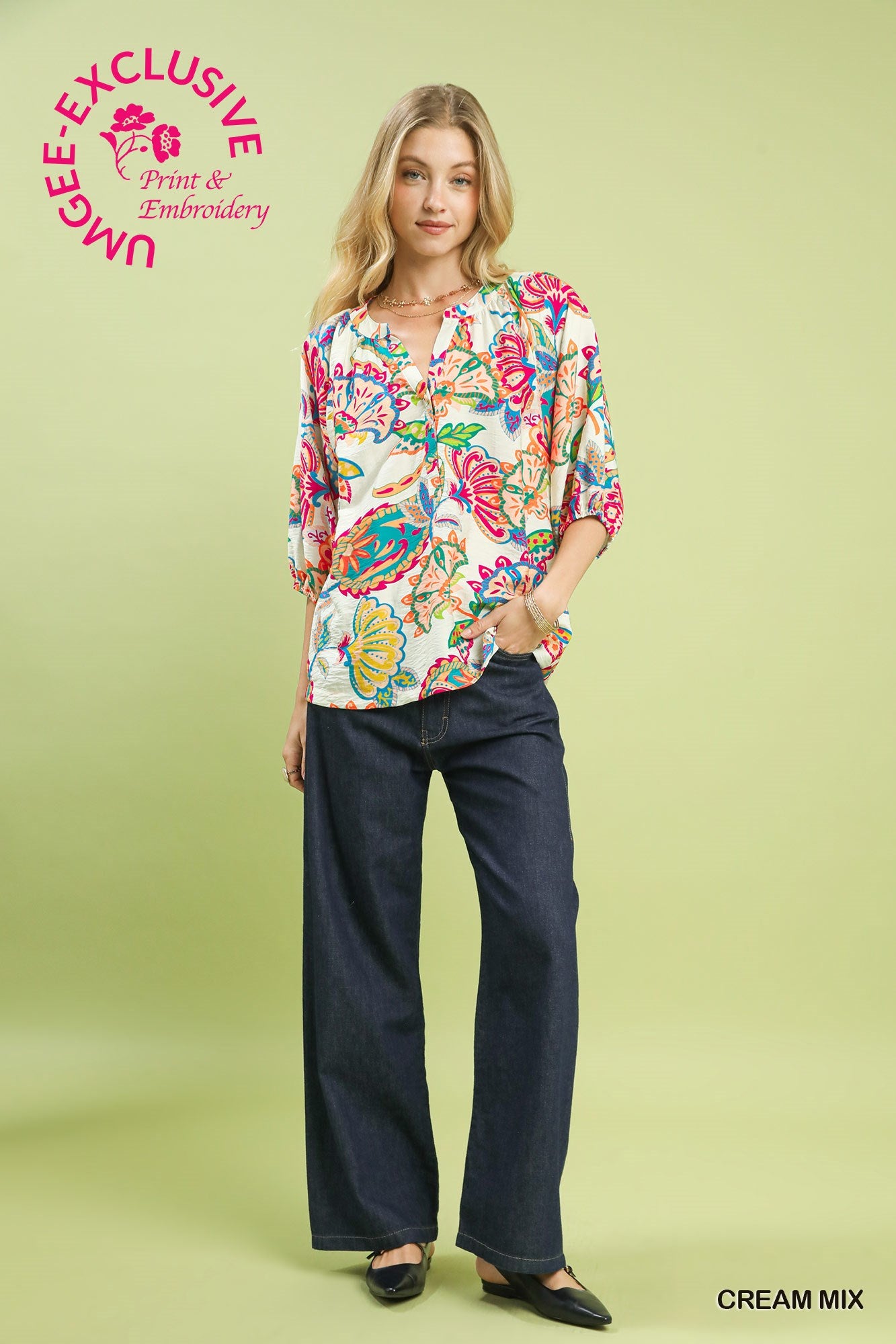 Paisley print half button down top