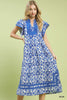 Abstract two tone print midi dress with contrast neckline