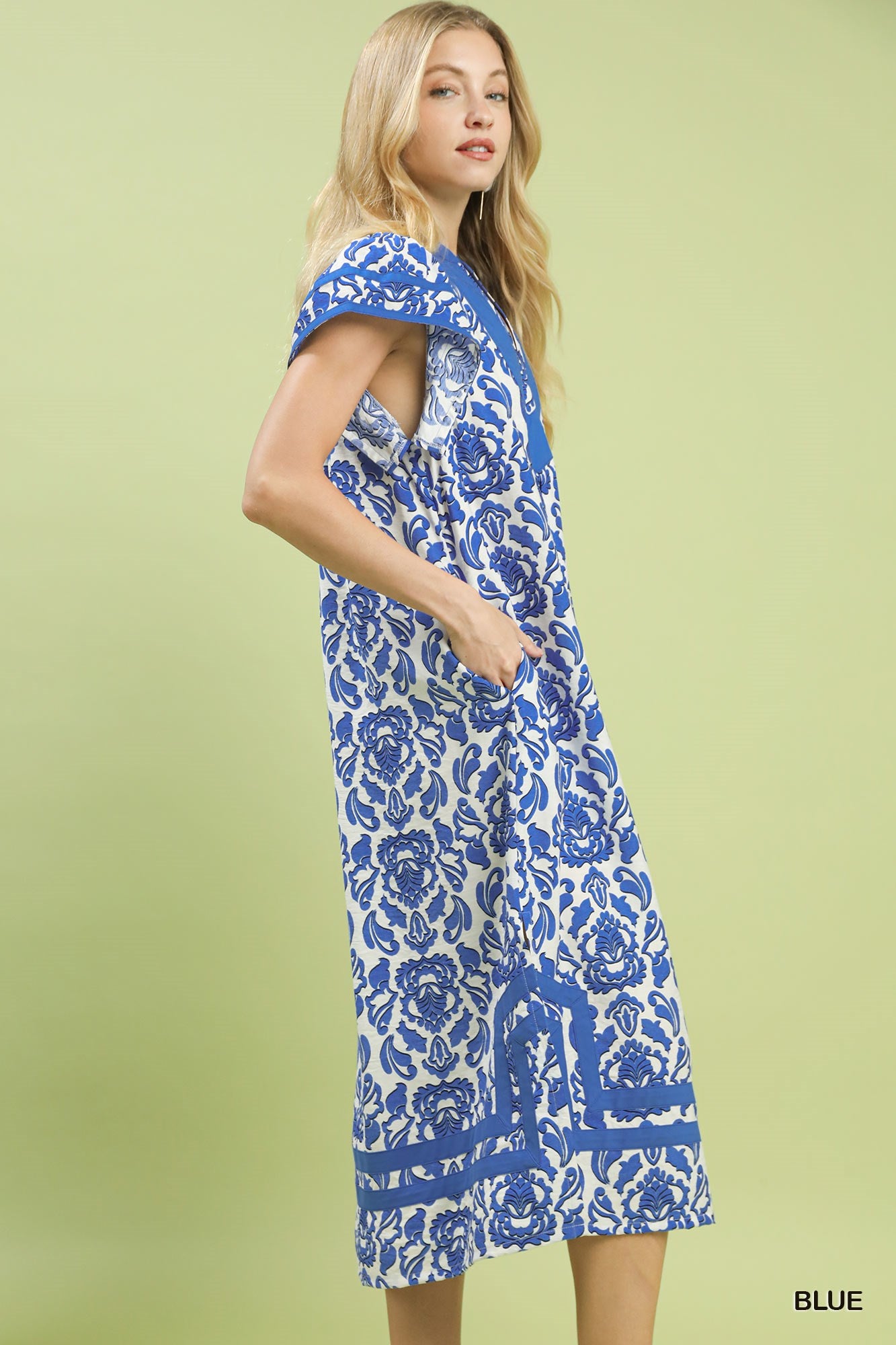 Abstract two tone print midi dress with contrast neckline