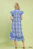 Abstract two tone print midi dress with contrast neckline