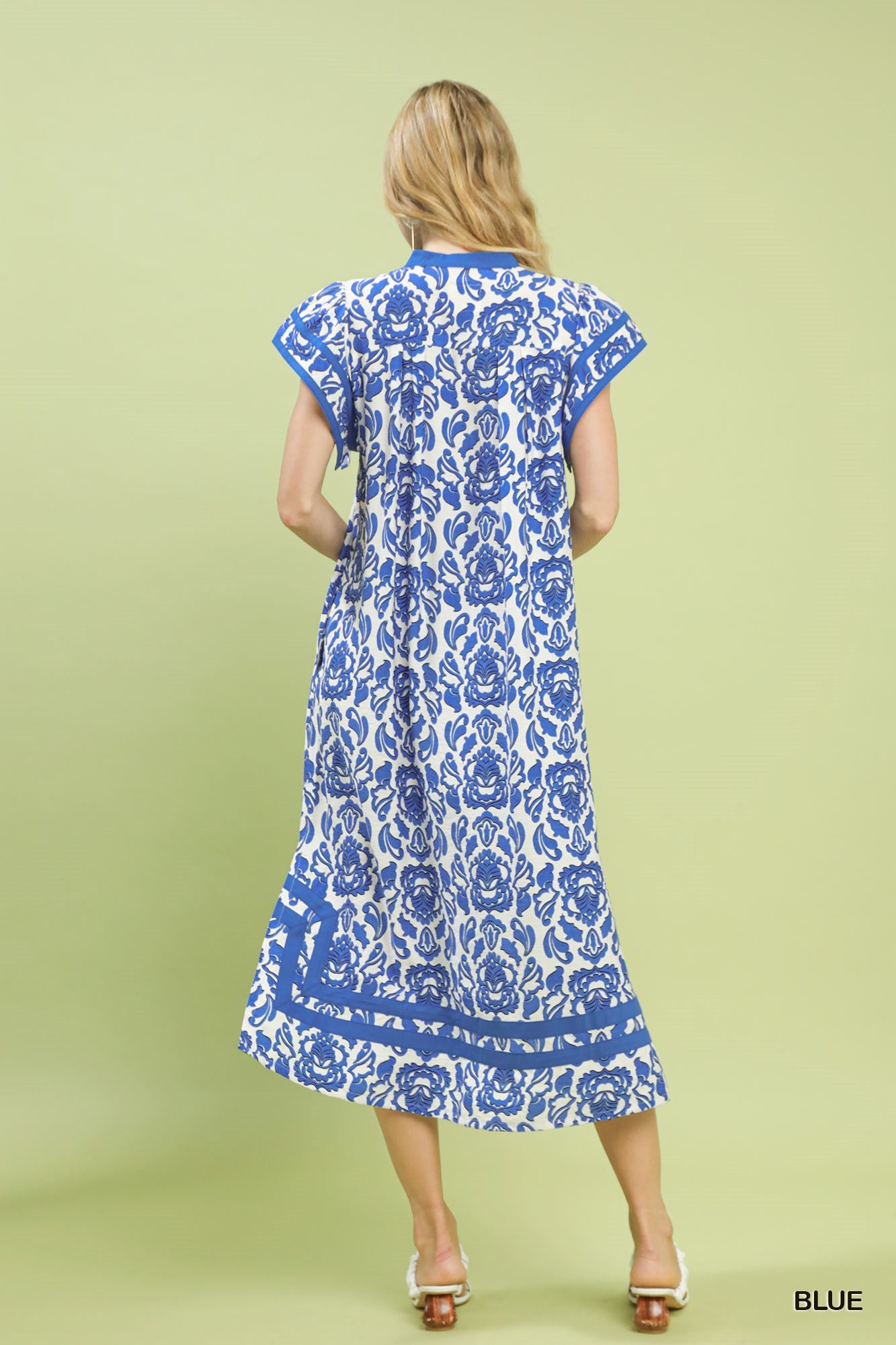 Abstract two tone print midi dress with contrast neckline