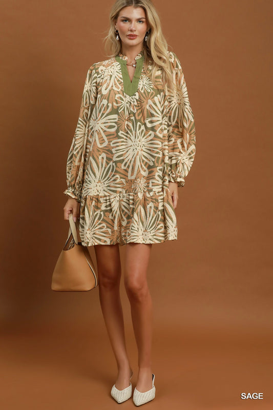Abstract Floral Print Ruffle Hem Dress