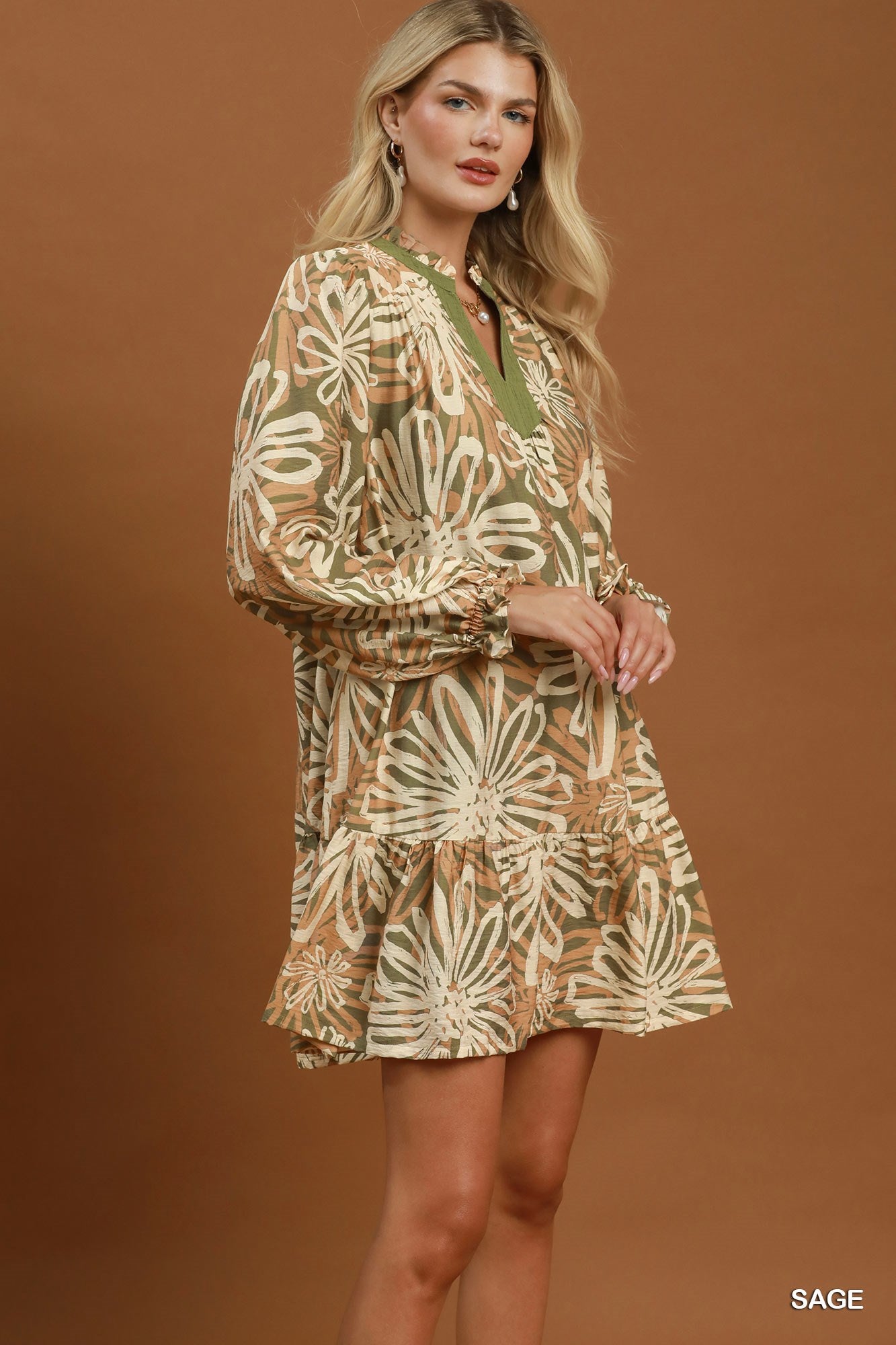 Abstract Floral Print Ruffle Hem Dress
