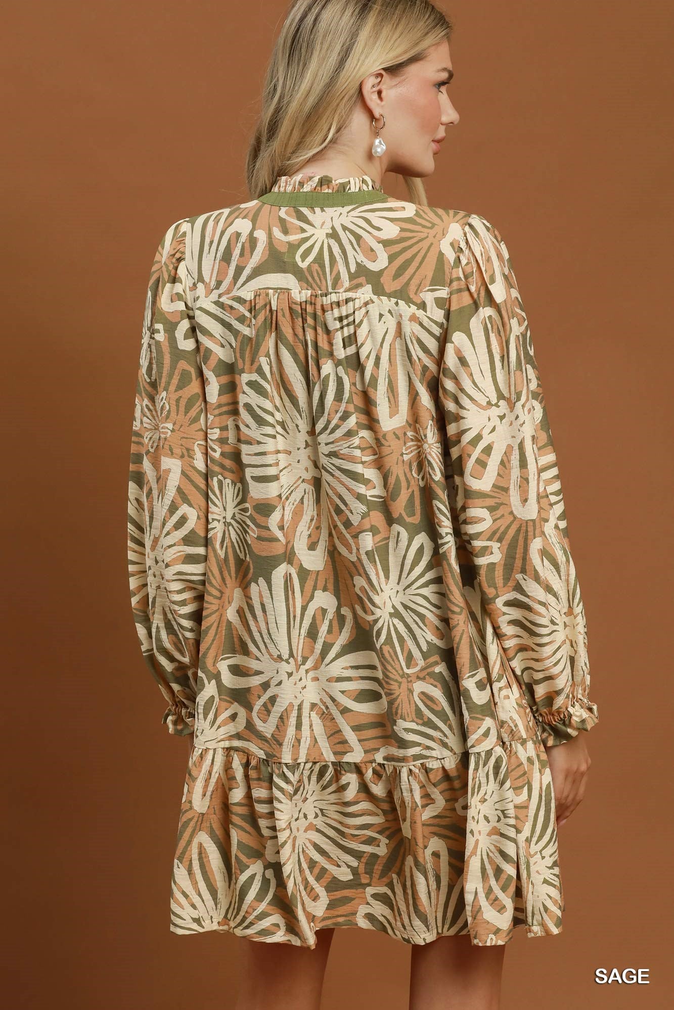 Abstract Floral Print Ruffle Hem Dress
