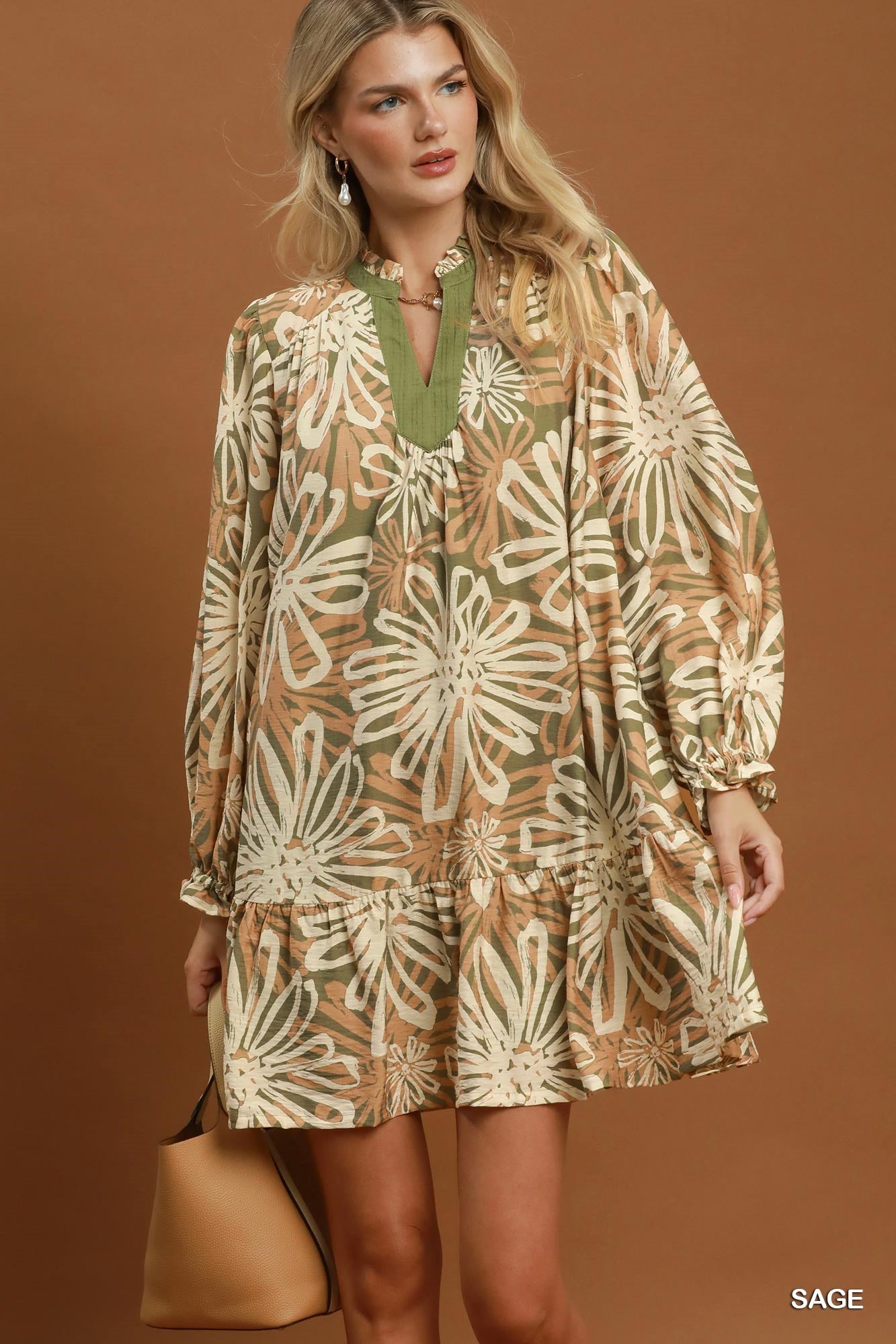 Abstract Floral Print Ruffle Hem Dress