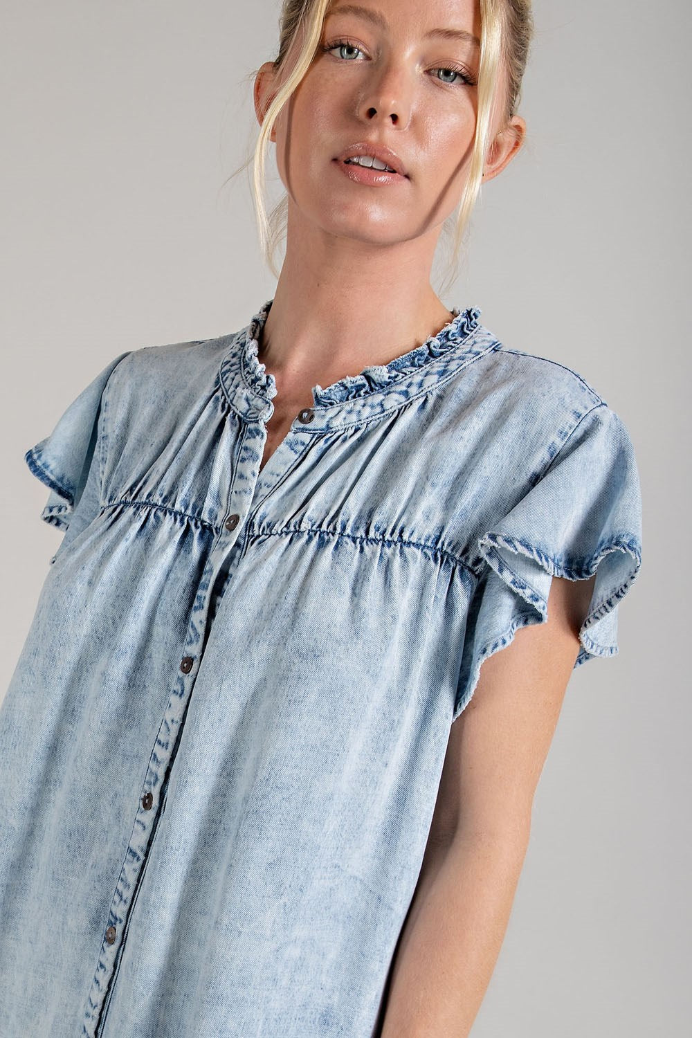 Denim button down ruffle trim mini dress