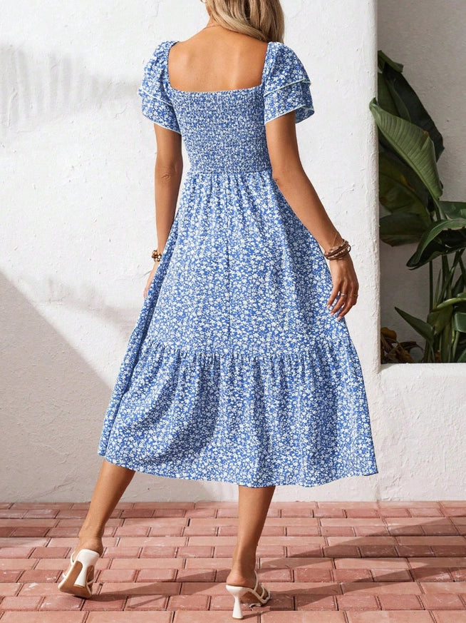 Floral square neck smocked short sleeve maxi summer dress