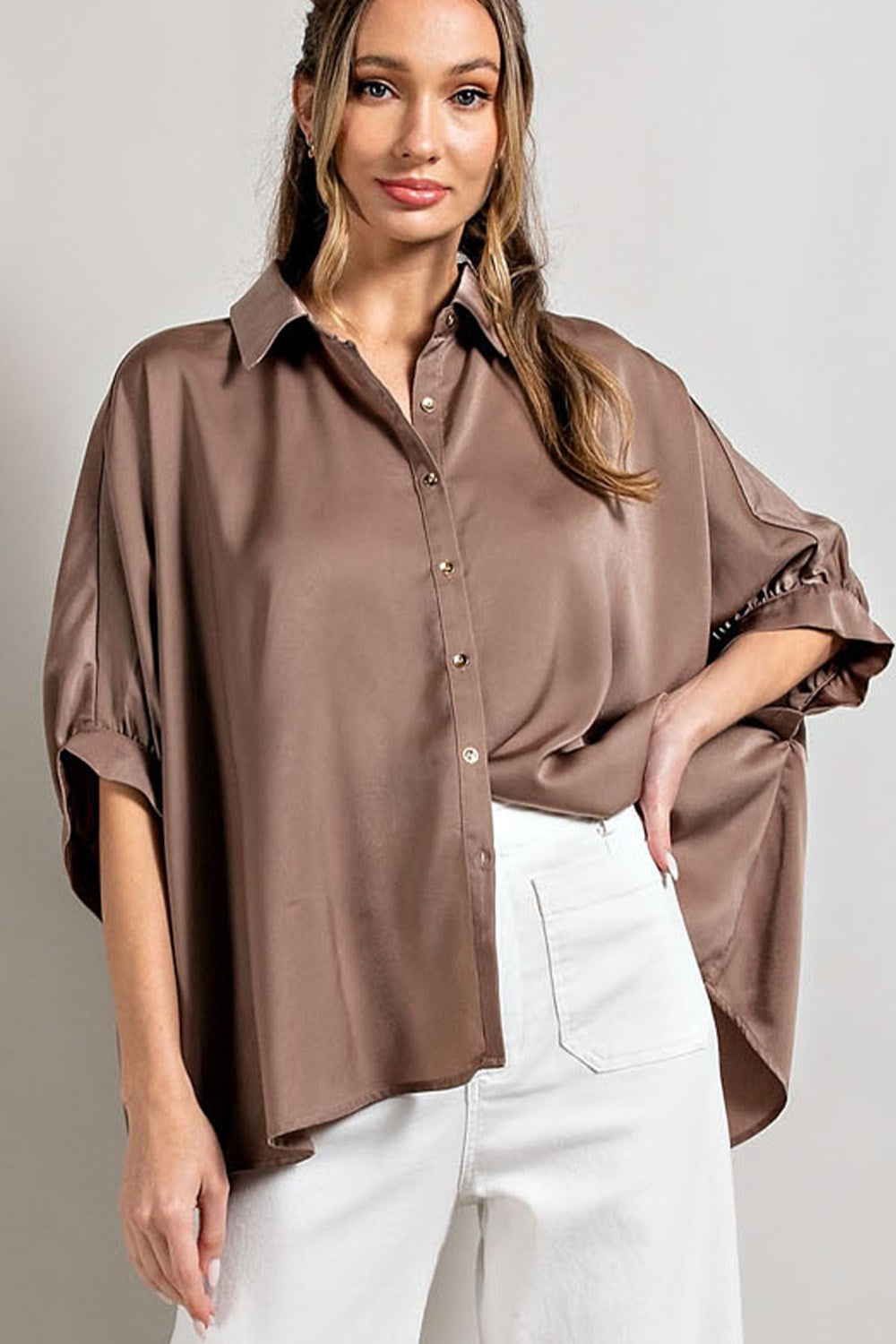 Satin fabric short sleeve button down top Blouse EE:Some   