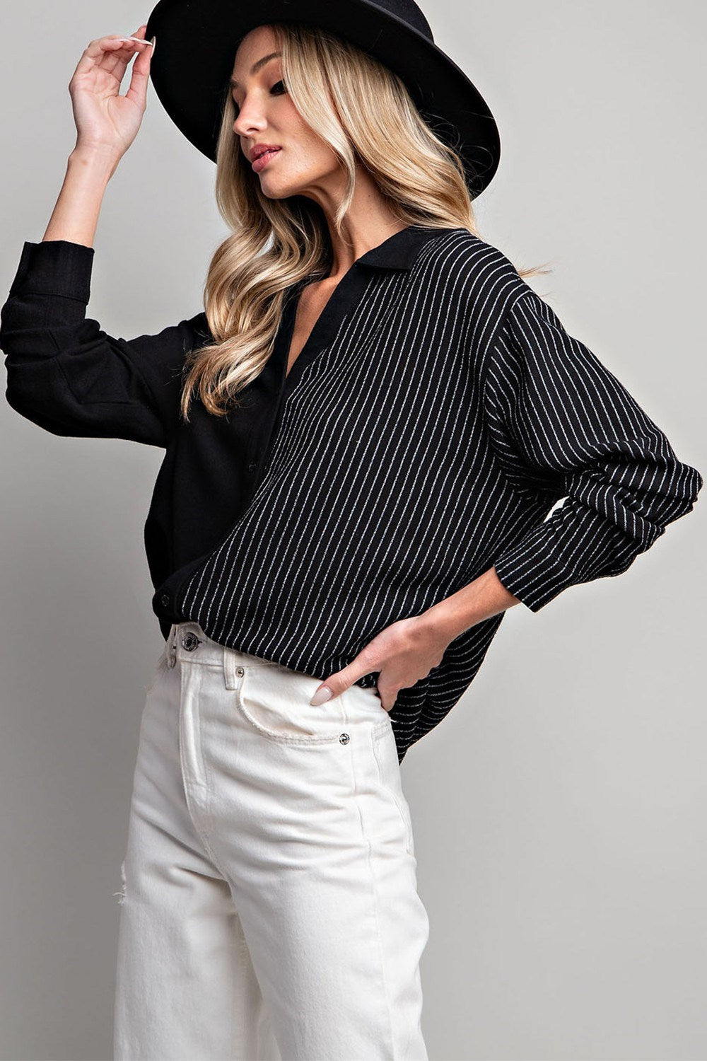 Half stripe printed long sleeve shirt top with button down front Blouse EE:Some   