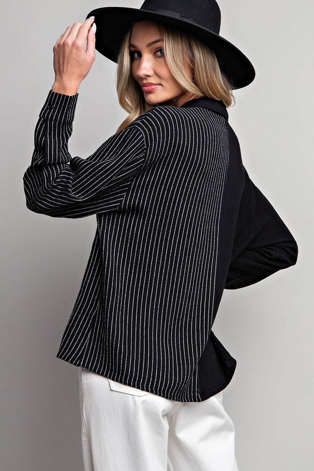 Half stripe printed long sleeve shirt top with button down front Blouse EE:Some   