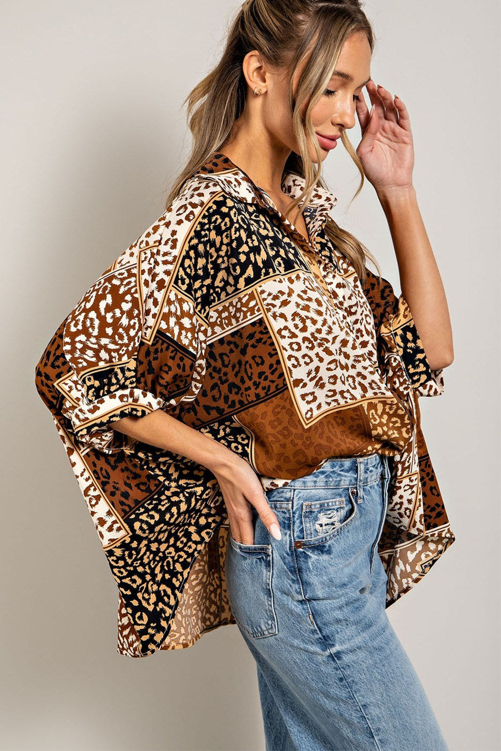 Mix animal print button down top with dolman sleeves Blouse EE:Some   