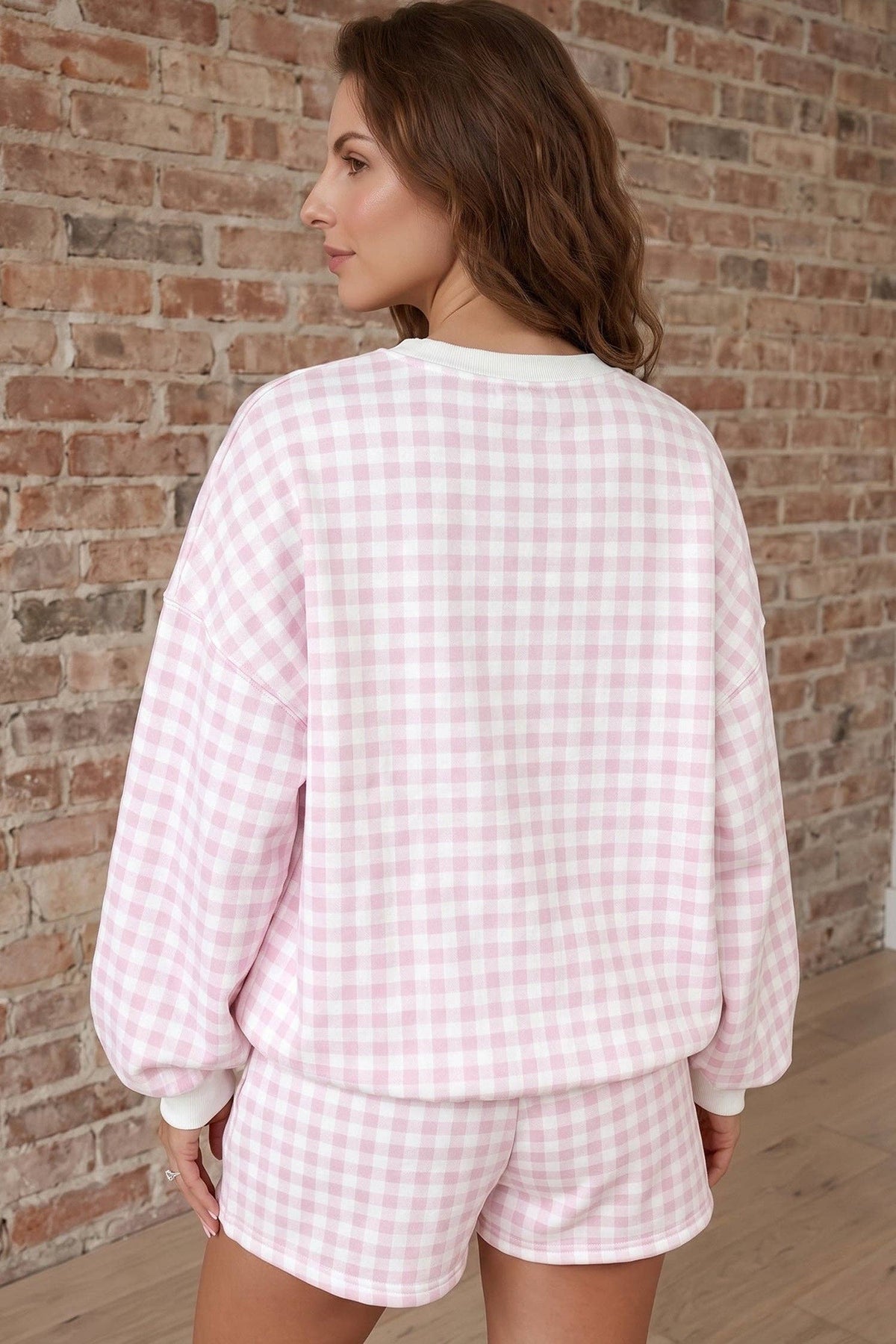 Plaid Baggy Pullover & Drawstring Casual Shorts 2-Piece Outfit