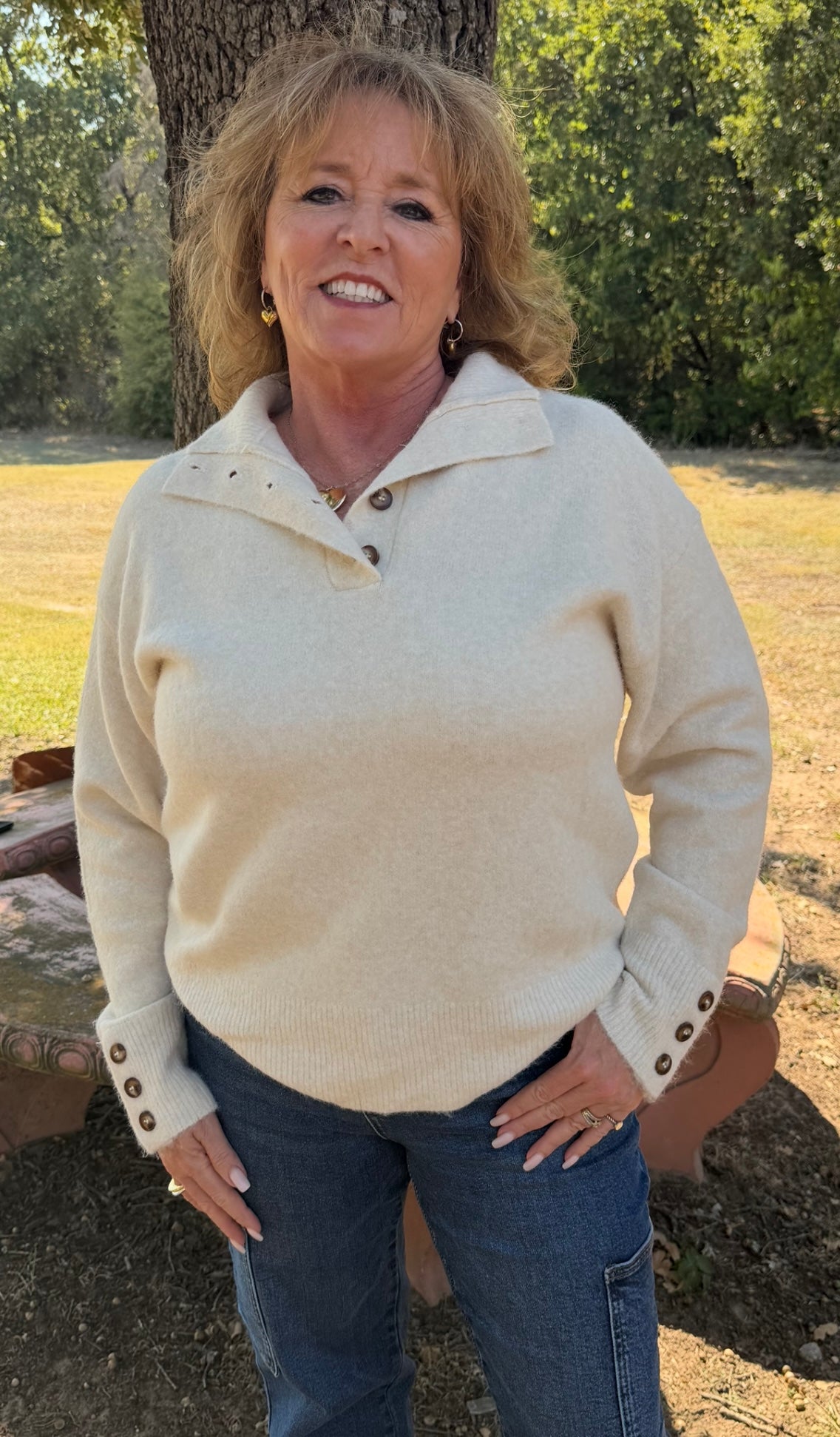 Solid long sleeve sweater knit top w/button placket and cuffs