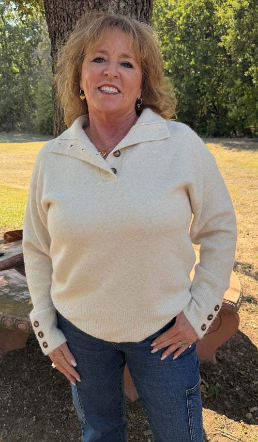 Solid long sleeve sweater knit top w/button placket and cuffs