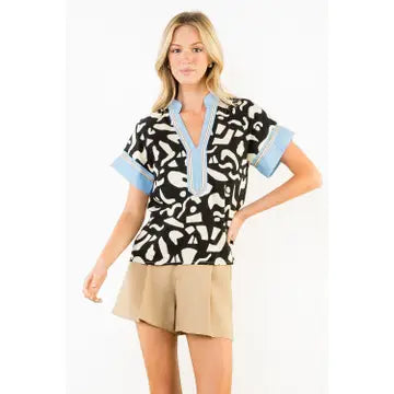 Abstract print top with denim trim