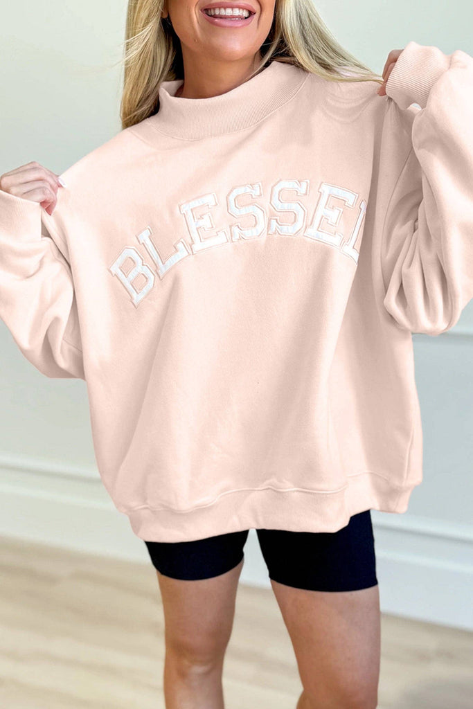 NEW Oversize Blessed Embroidered Mock Neck Sweatshirt