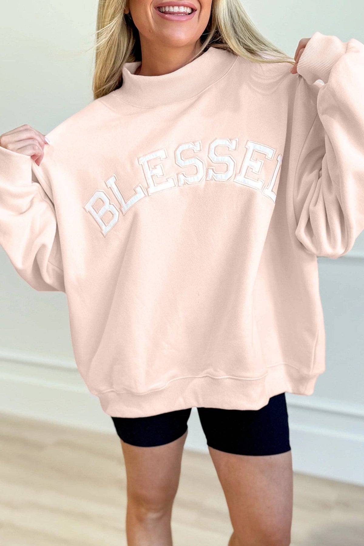 NEW Oversize Blessed Embroidered Mock Neck Sweatshirt