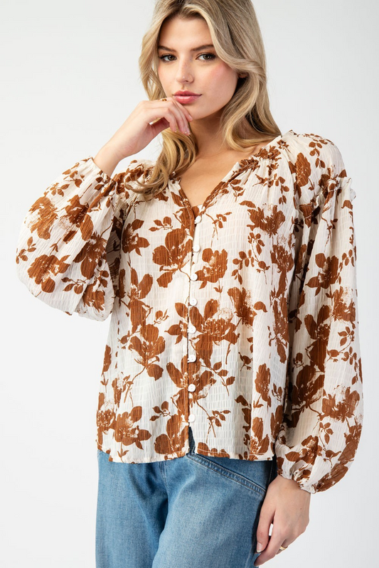 Floral printed crinkle long sleeve blouse top