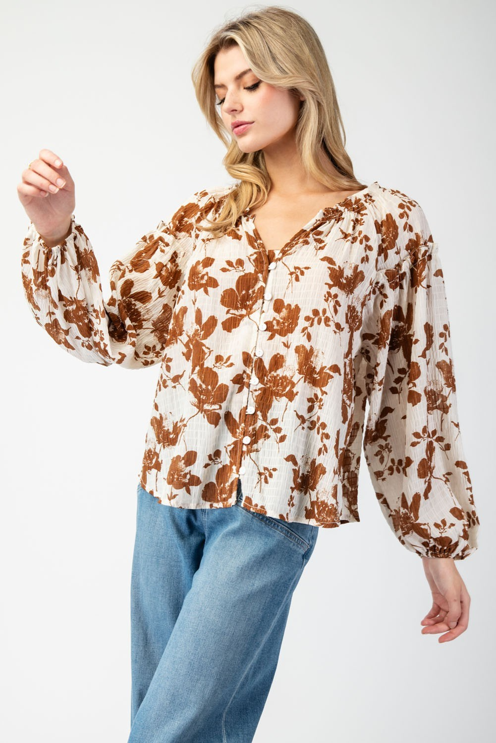 Floral printed crinkle long sleeve blouse top