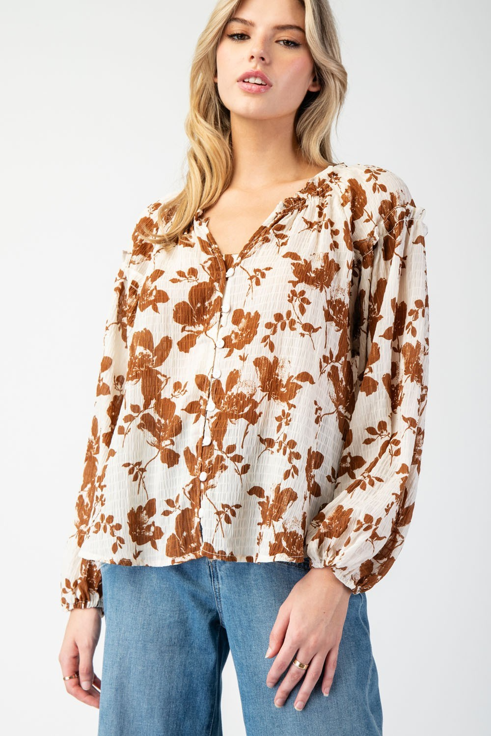 Floral printed crinkle long sleeve blouse top