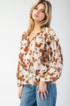 Floral printed crinkle long sleeve blouse top