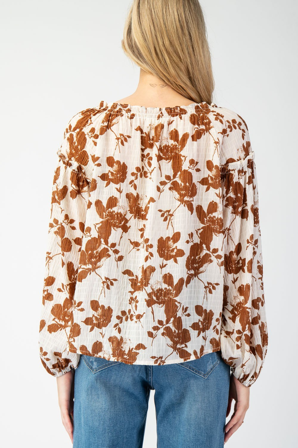 Floral printed crinkle long sleeve blouse top