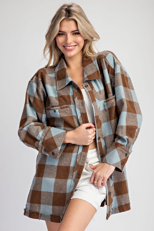 Checker print button down shacket