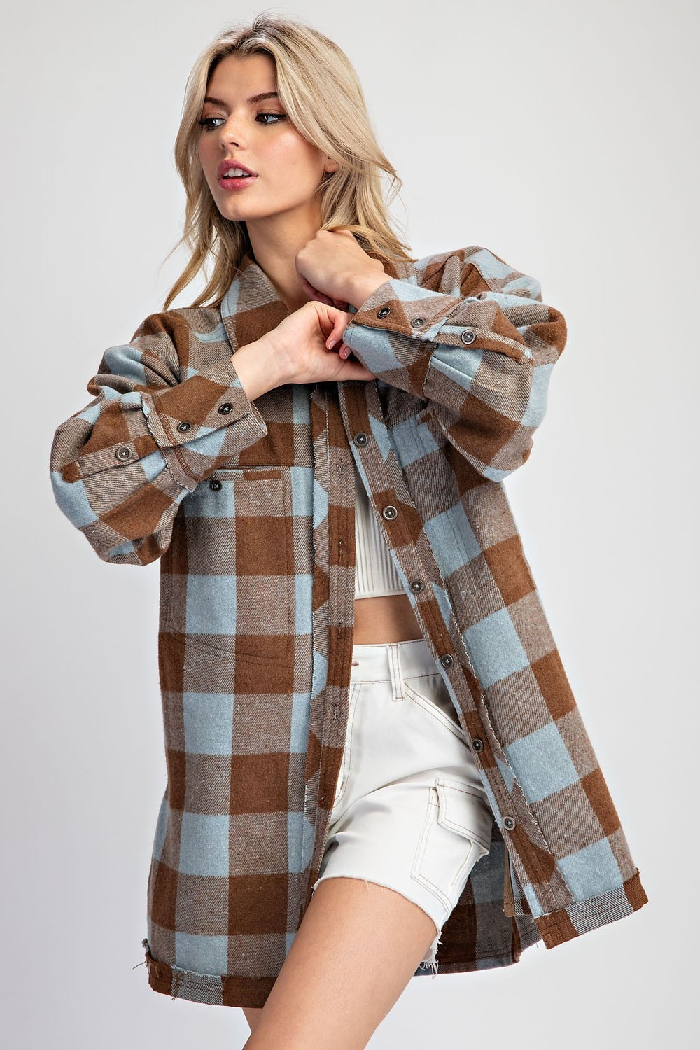 Checker print button down shacket